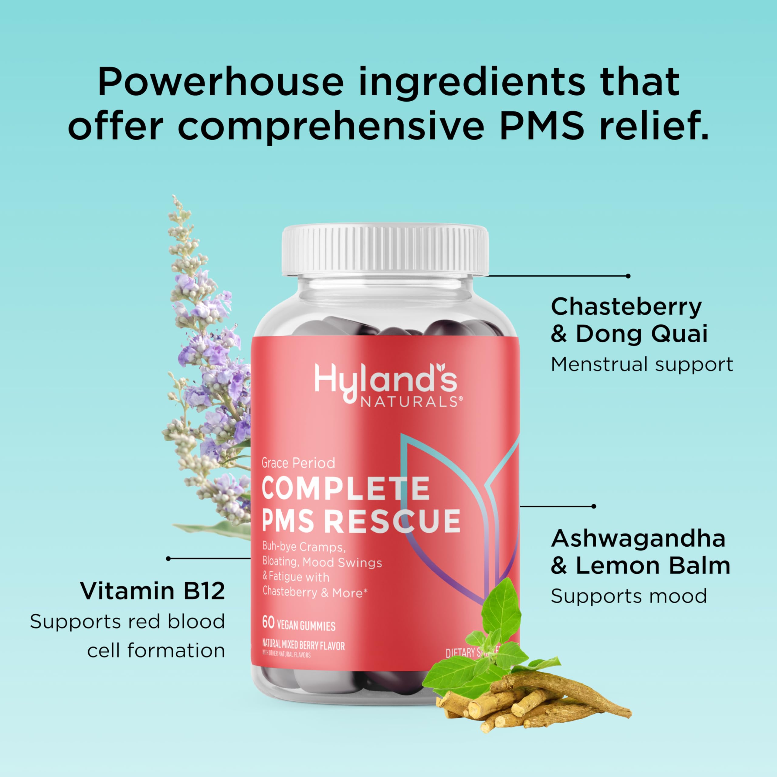 Hyland's Grace Period Complete PMS Rescue, 60 Vegan Gummies with Chasteberry and Dong Quai for Menstrual Support and B6 and B12 for Red Blood Cell Formation - Image 4