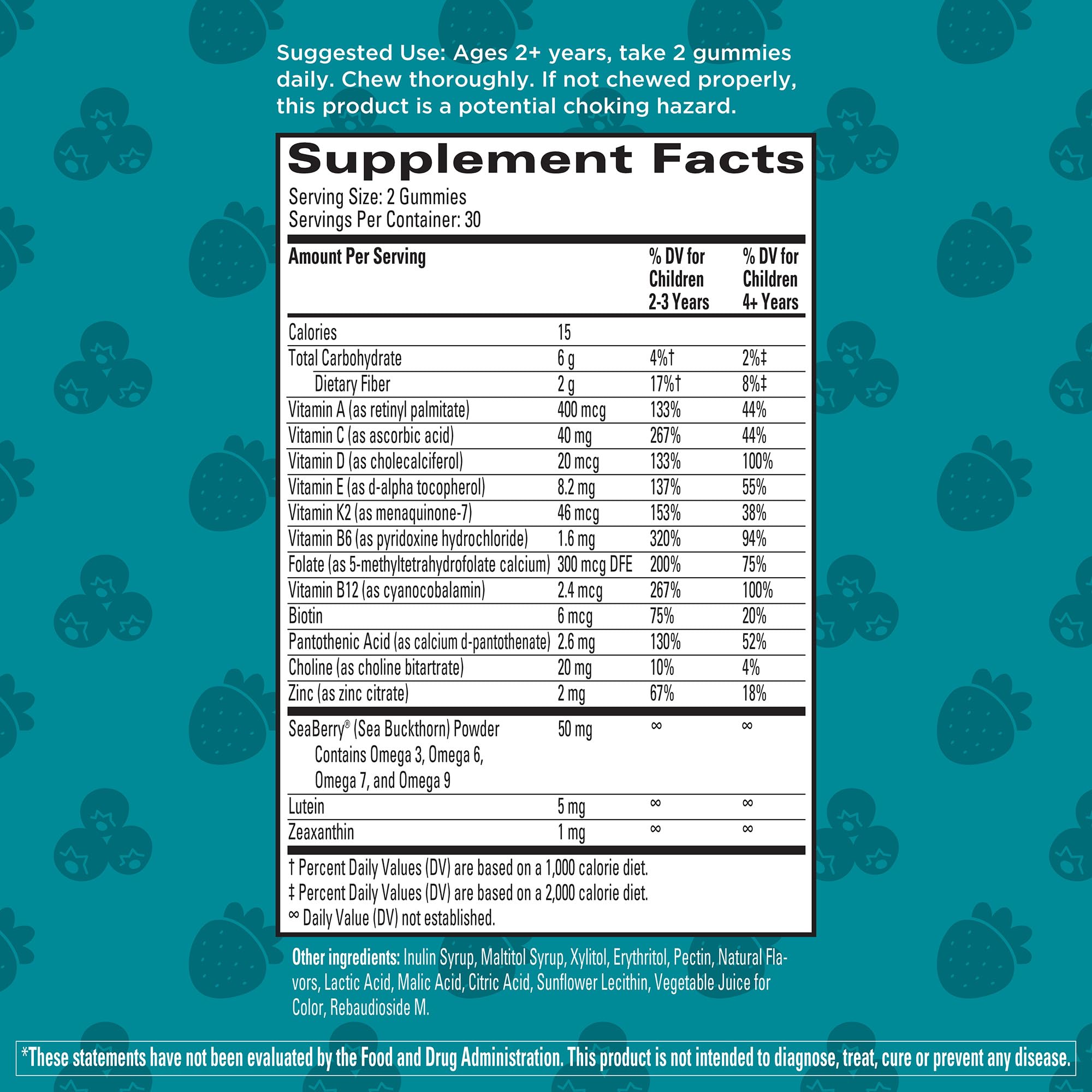 Hyland's Kids Multivitamin + Brain & Eye Health, Sugar Free Natural Mixed Berry Flavored Gummies with Choline, Lutein & Omegas, 60ct Bottle - Image 7