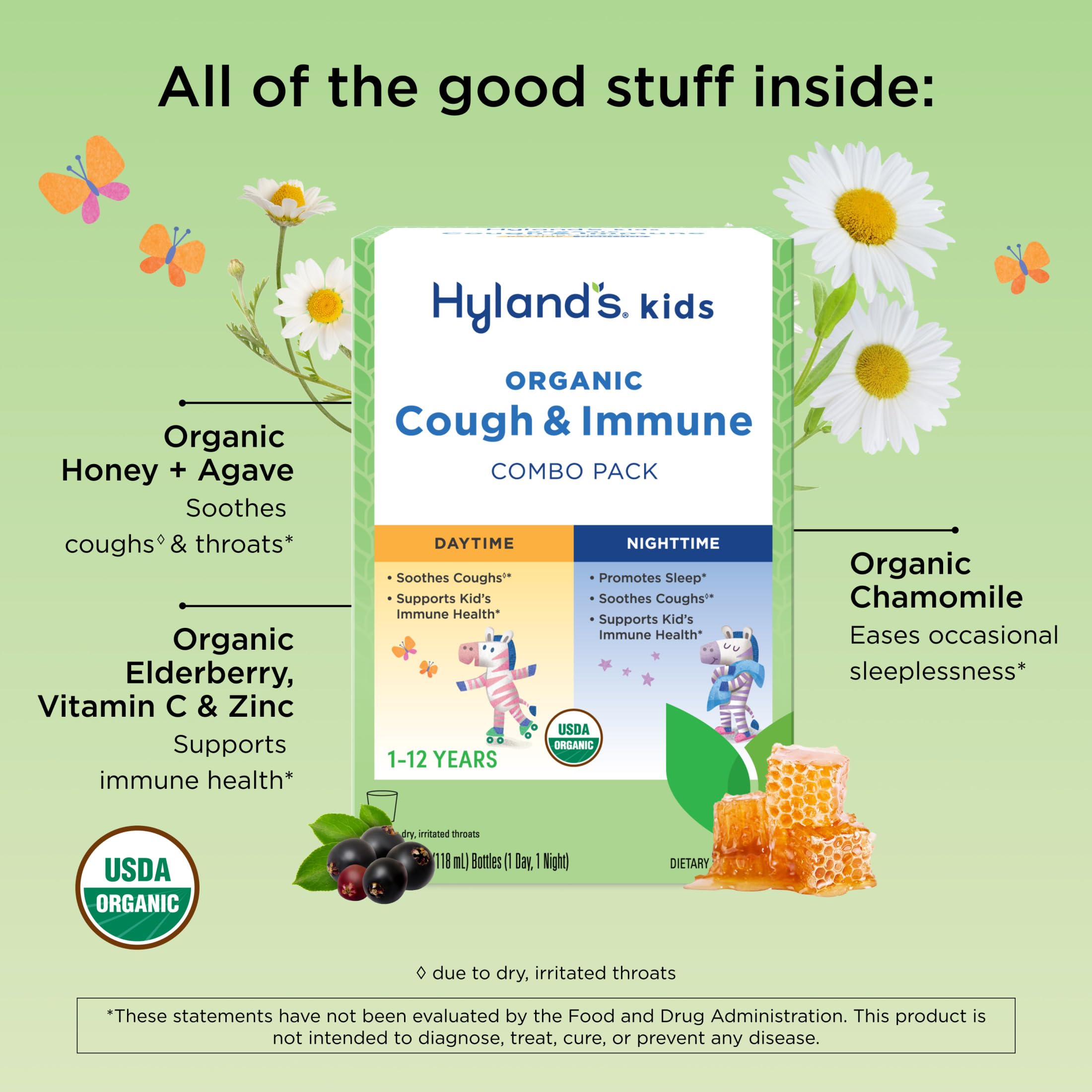Hyland's Kids Organic Cough and Immune Day and Night Combo Pack, Eases Coughs, Supports Immunity, Promotes Sleep, Two 4 Fl Oz. Bottles (8 fl oz) - Image 3