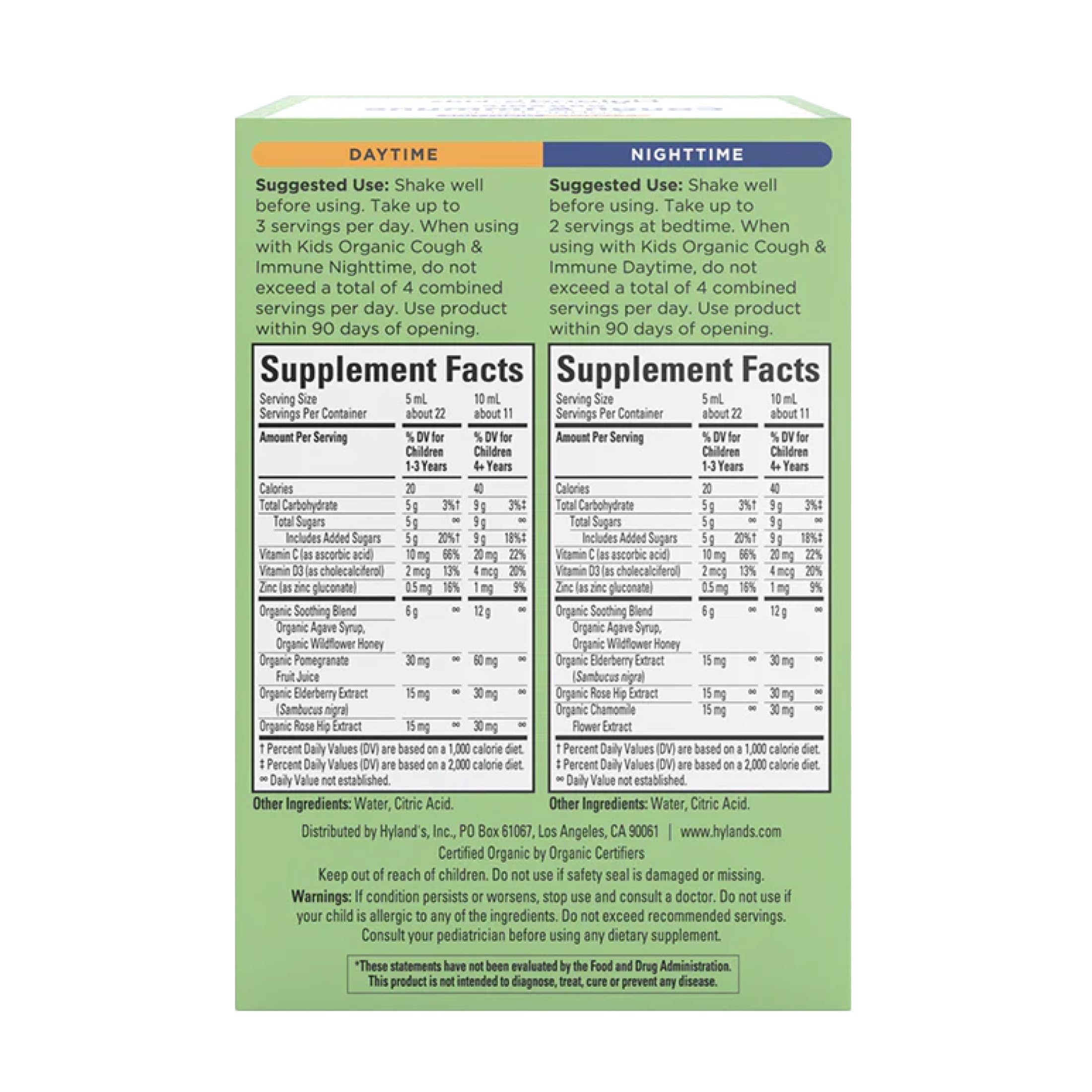 Hyland's Kids Organic Cough and Immune Day and Night Combo Pack, Eases Coughs, Supports Immunity, Promotes Sleep, Two 4 Fl Oz. Bottles (8 fl oz) - Image 5